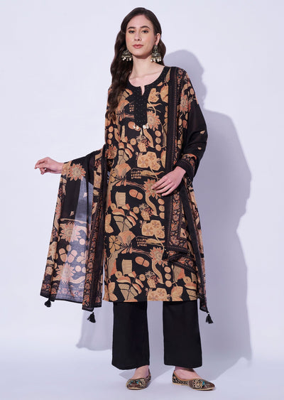 Black Cotton Straight Cut Kurti Set