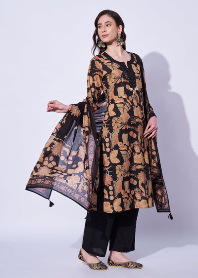 Black Cotton Straight Cut Kurti Set