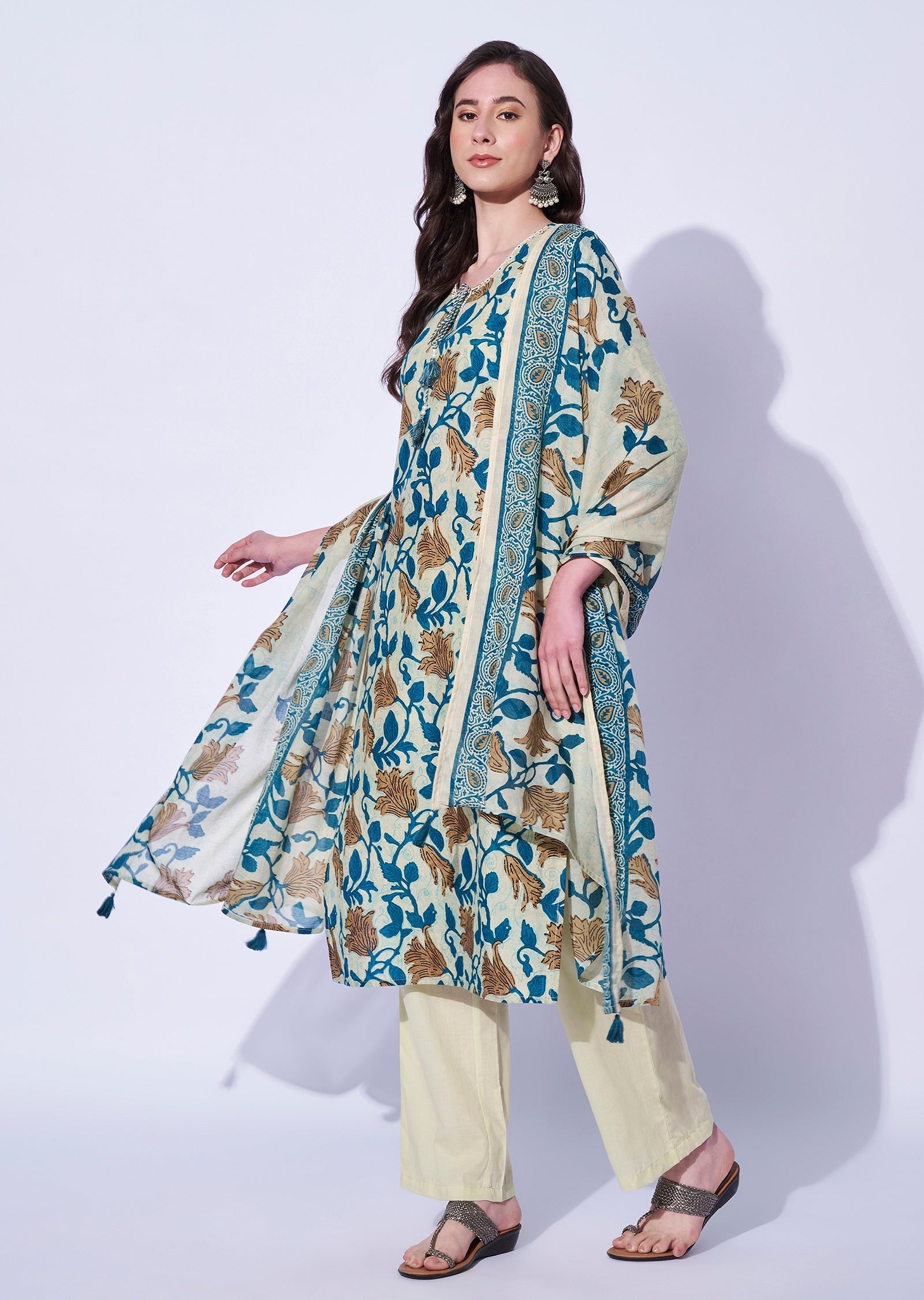 Rama Blue Cotton Straight Cut Kurti Set