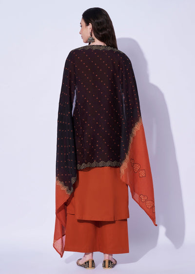 Dark Rust Cotton Straight Cut Kurti Set