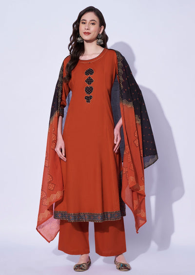 Dark Rust Cotton Straight Cut Kurti Set
