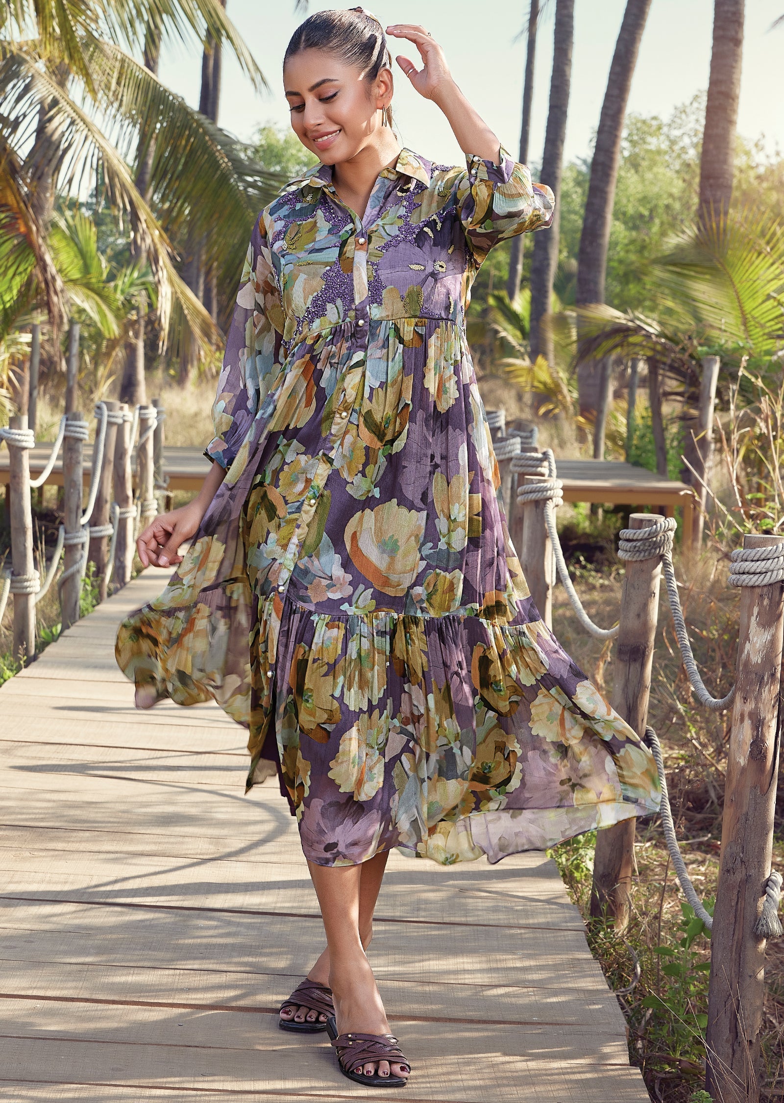 Purple Chinnon Frock Style kurti