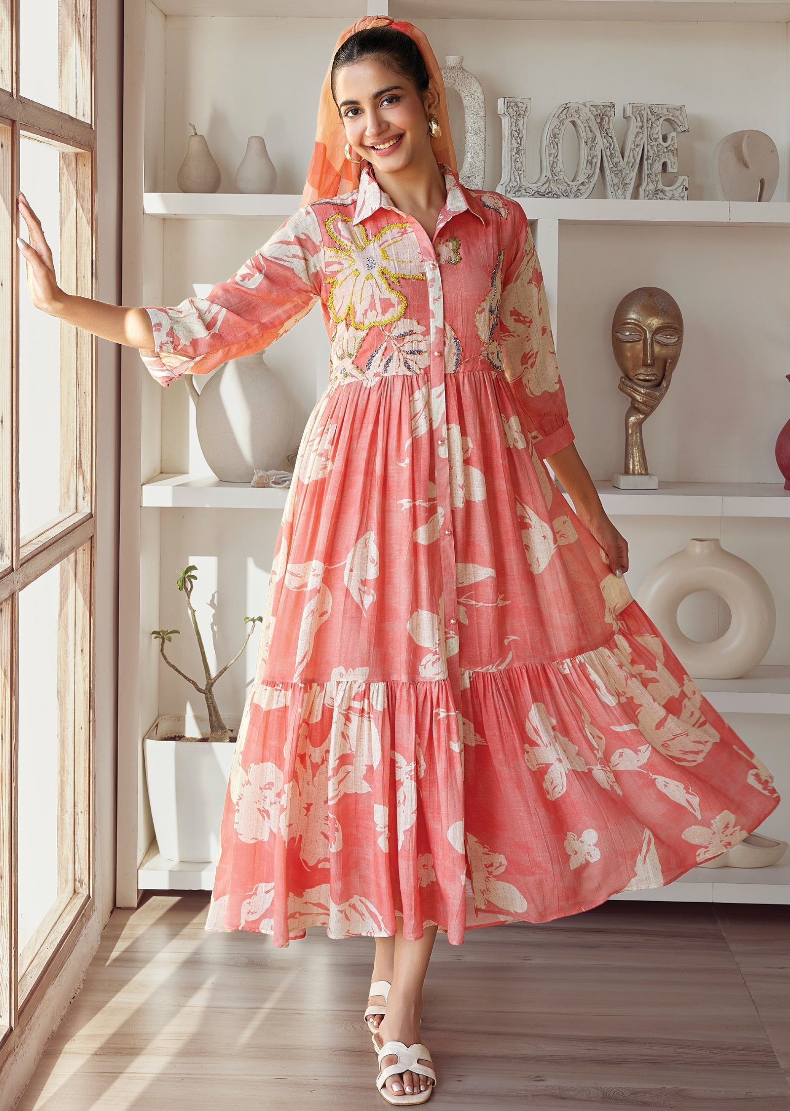 Peach Linen Frock Style kurti