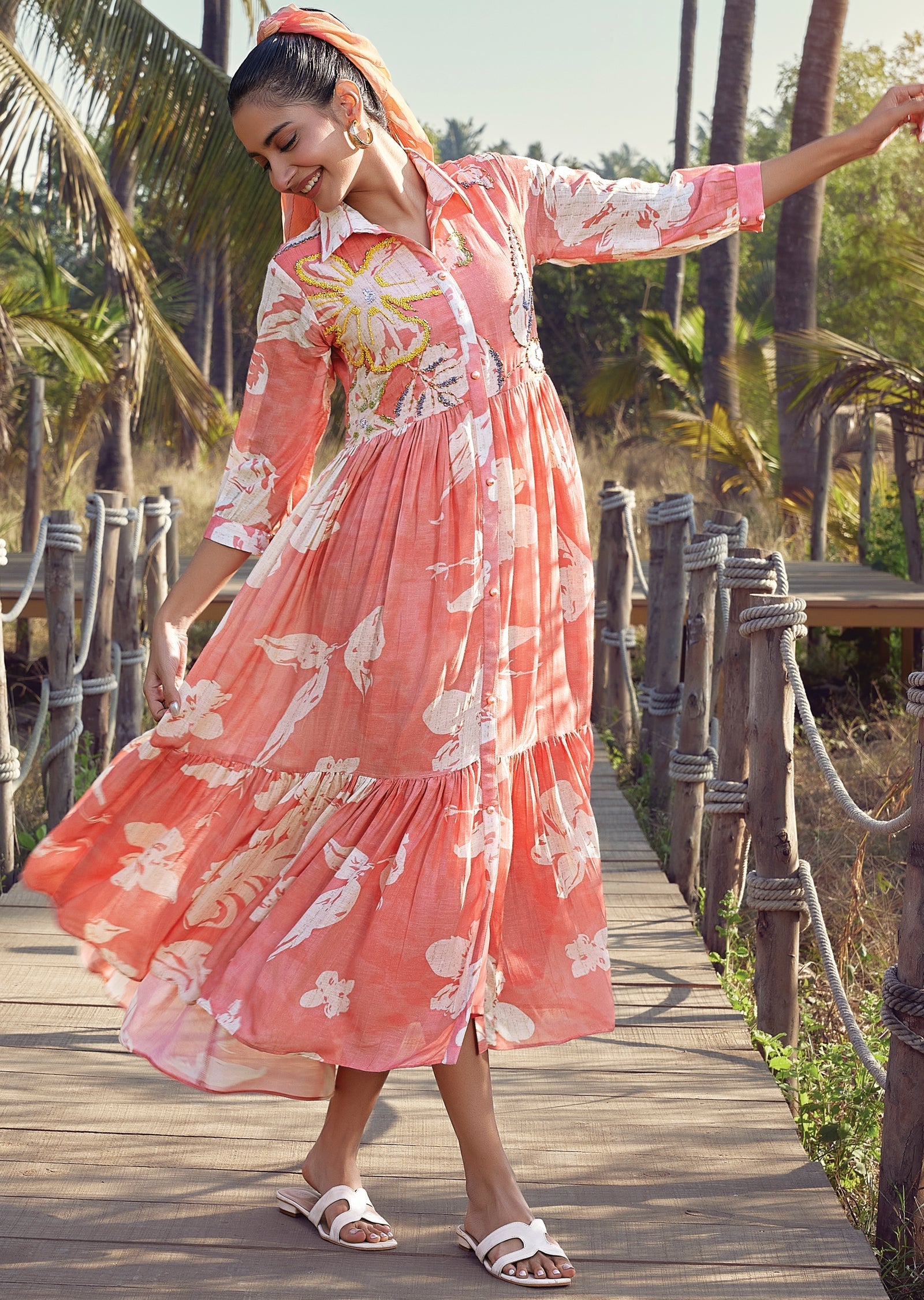 Peach Linen Frock Style kurti