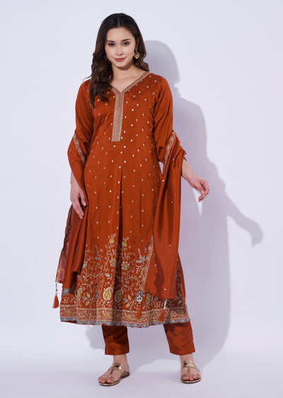 Rust Silk Anarkali Set