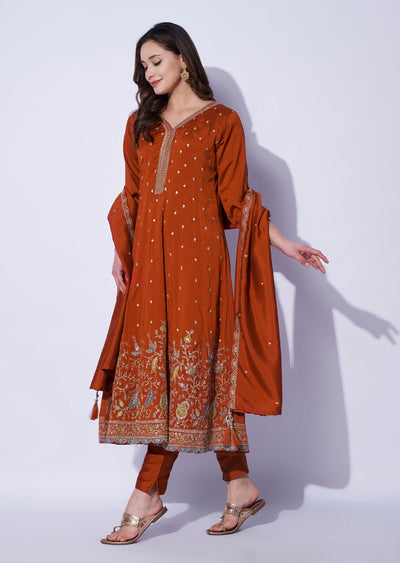 Rust Silk Anarkali Set