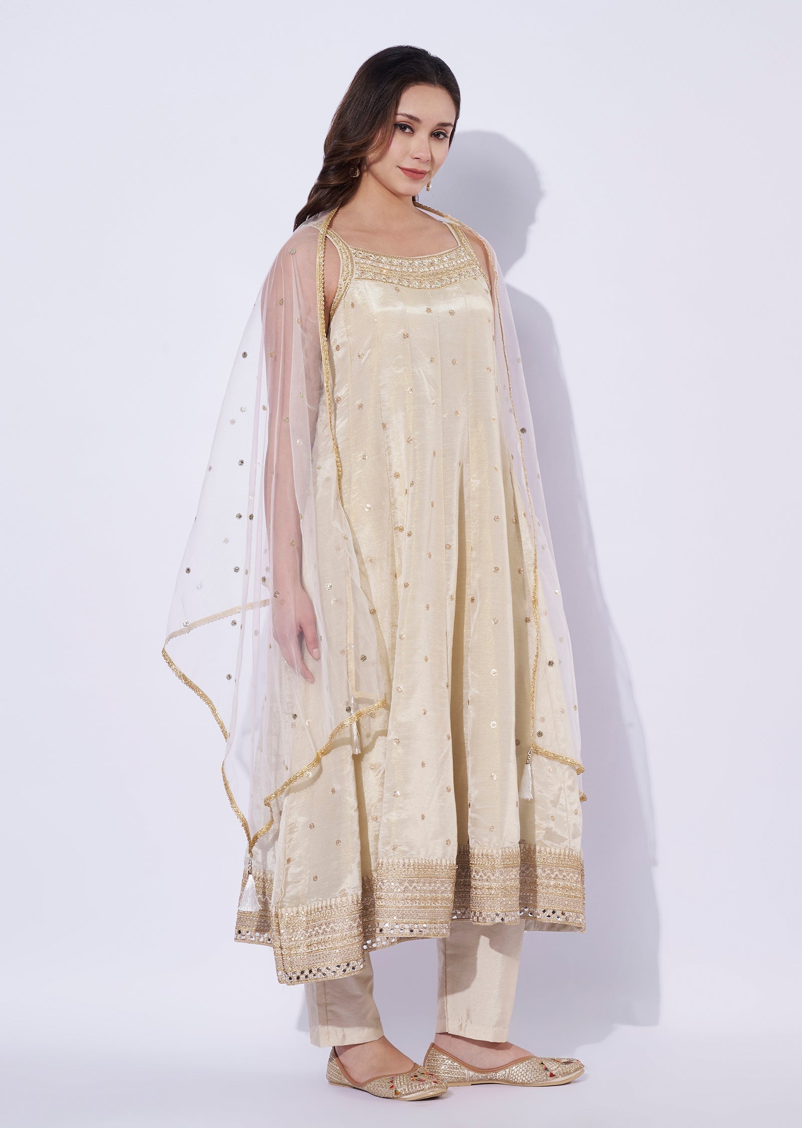 Cream Silk Anarkali Set