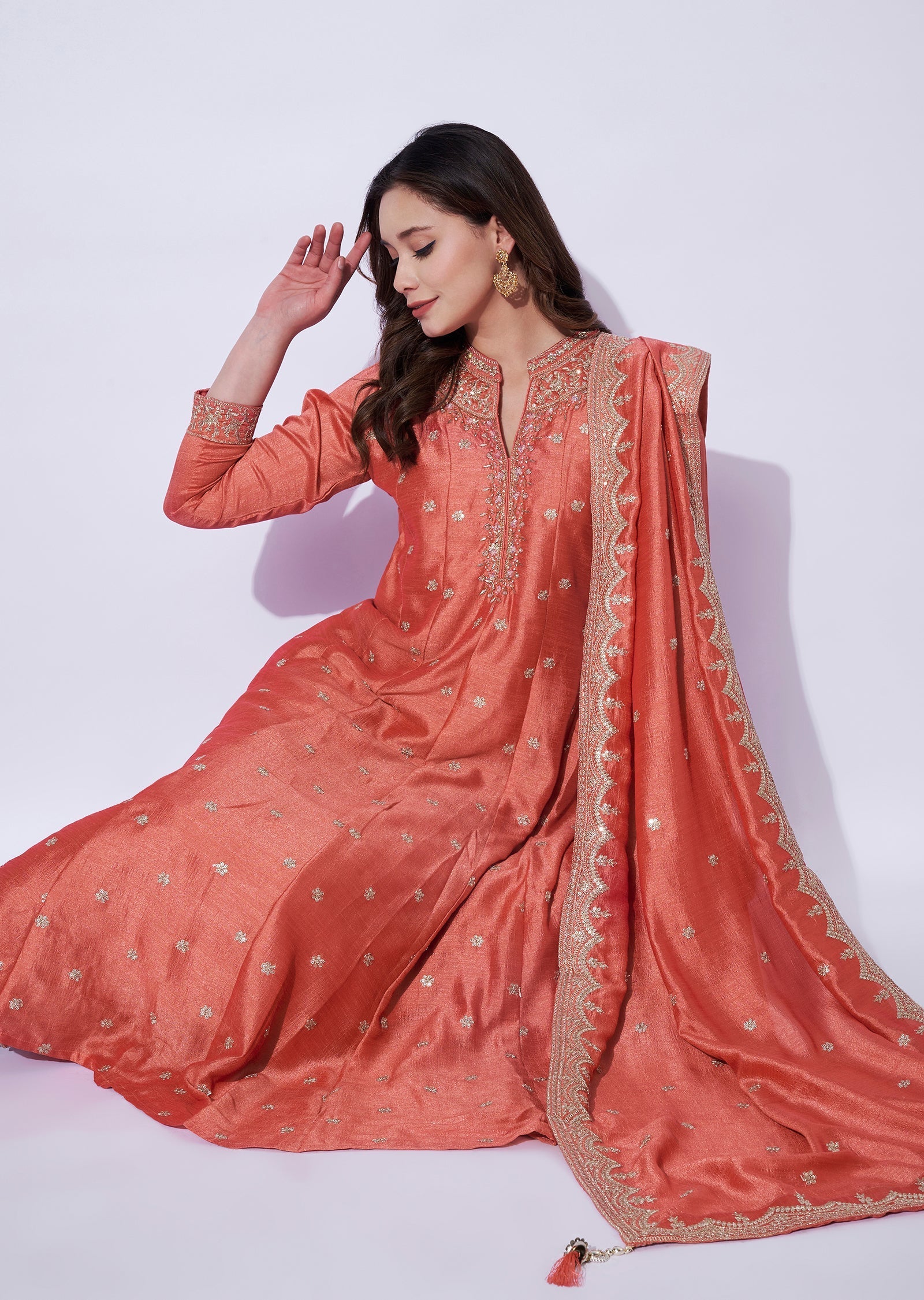 Peach Silk Anarkali Set