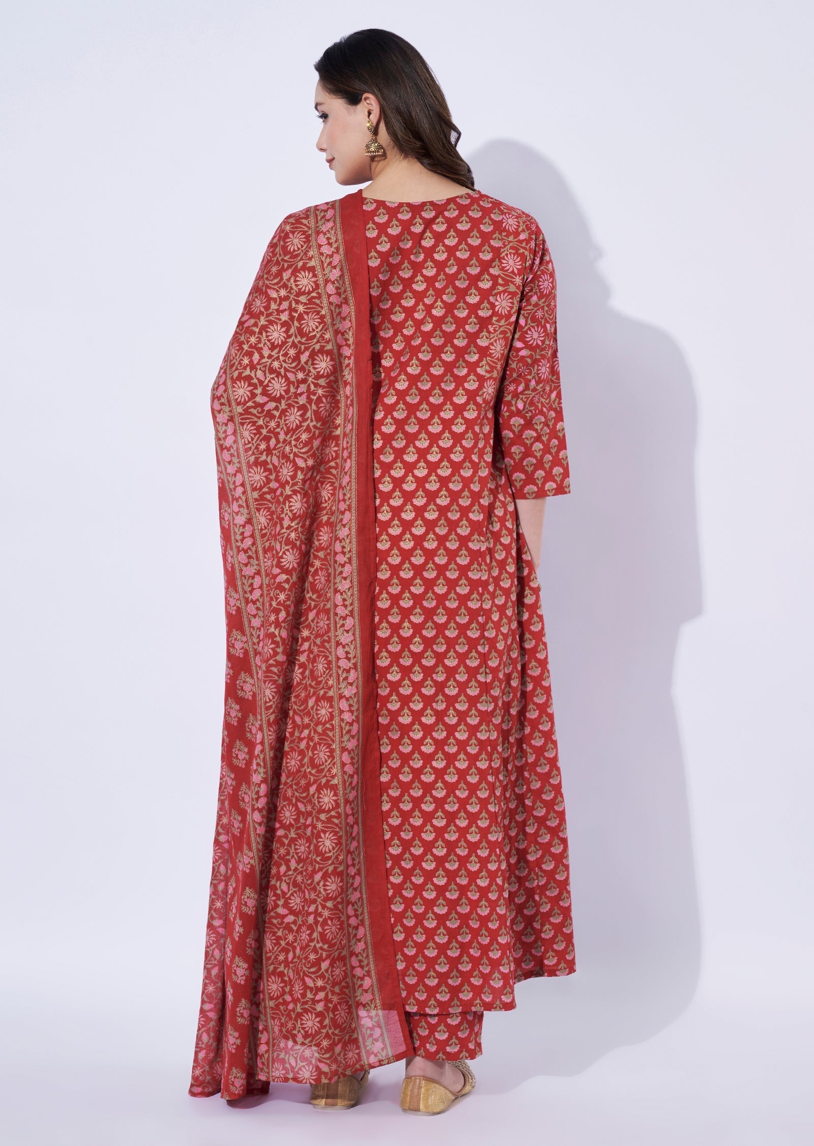 Red Cotton Anarkali Set