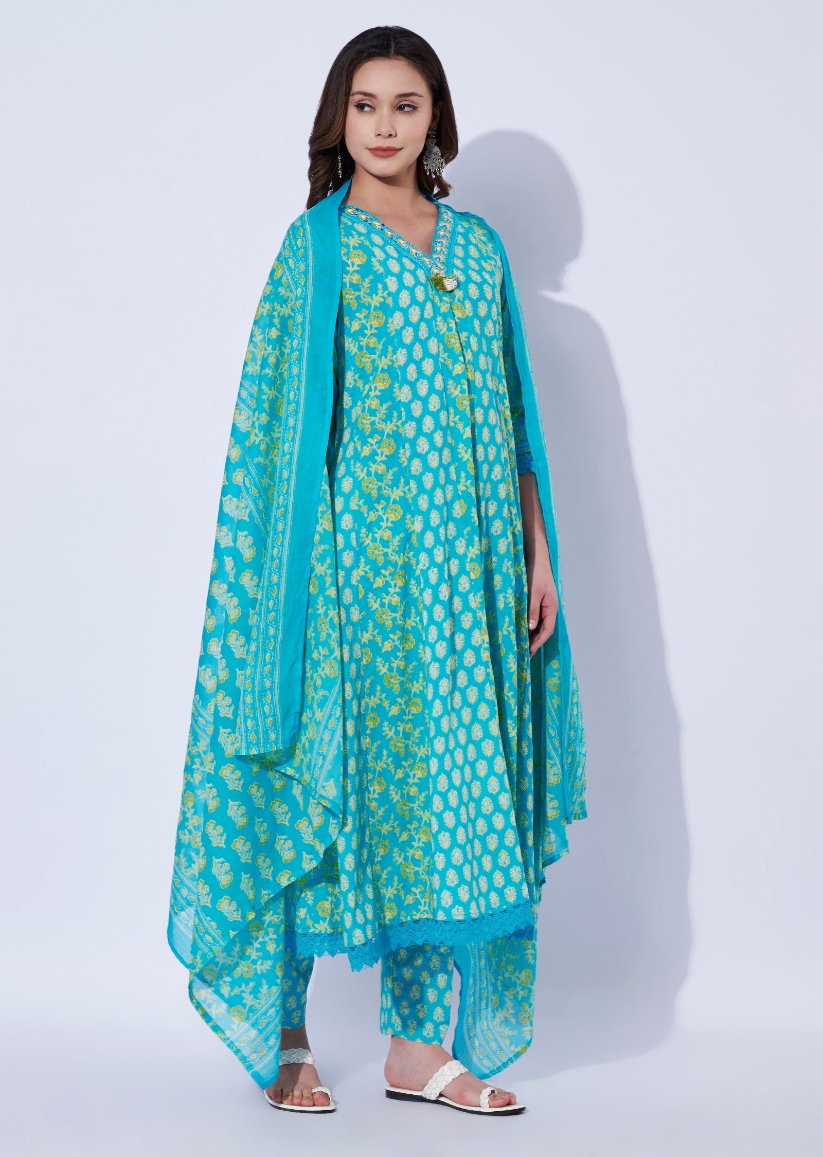 Blue Cotton Anarkali Set