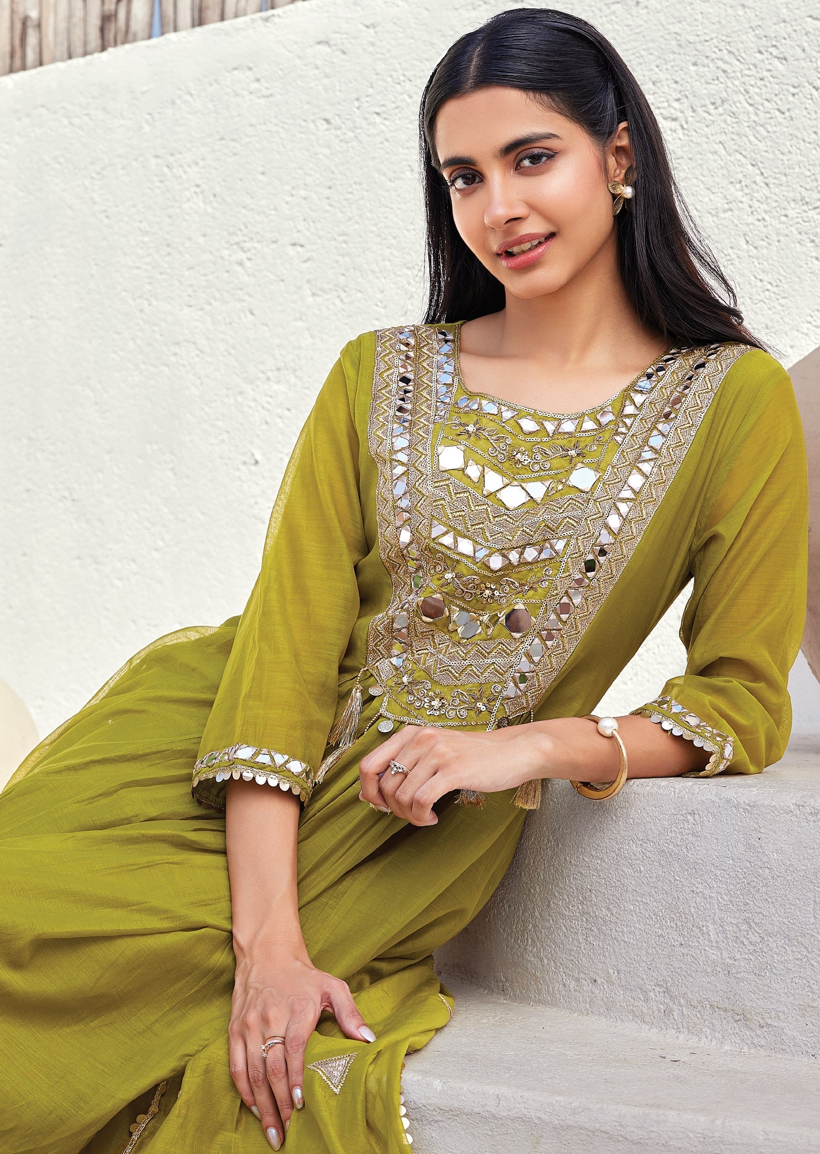Green Mul chanderi Anarkali