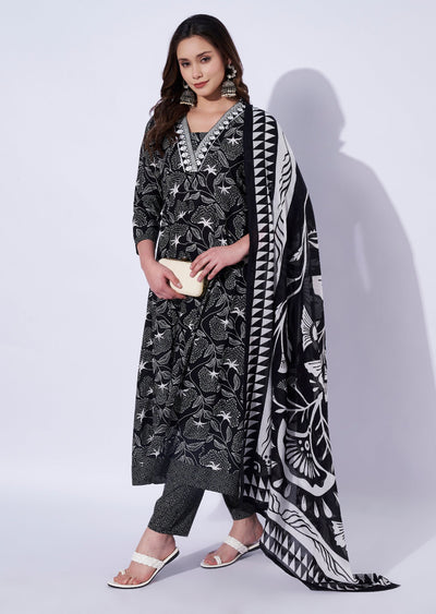 Black Cotton Anarkali Set