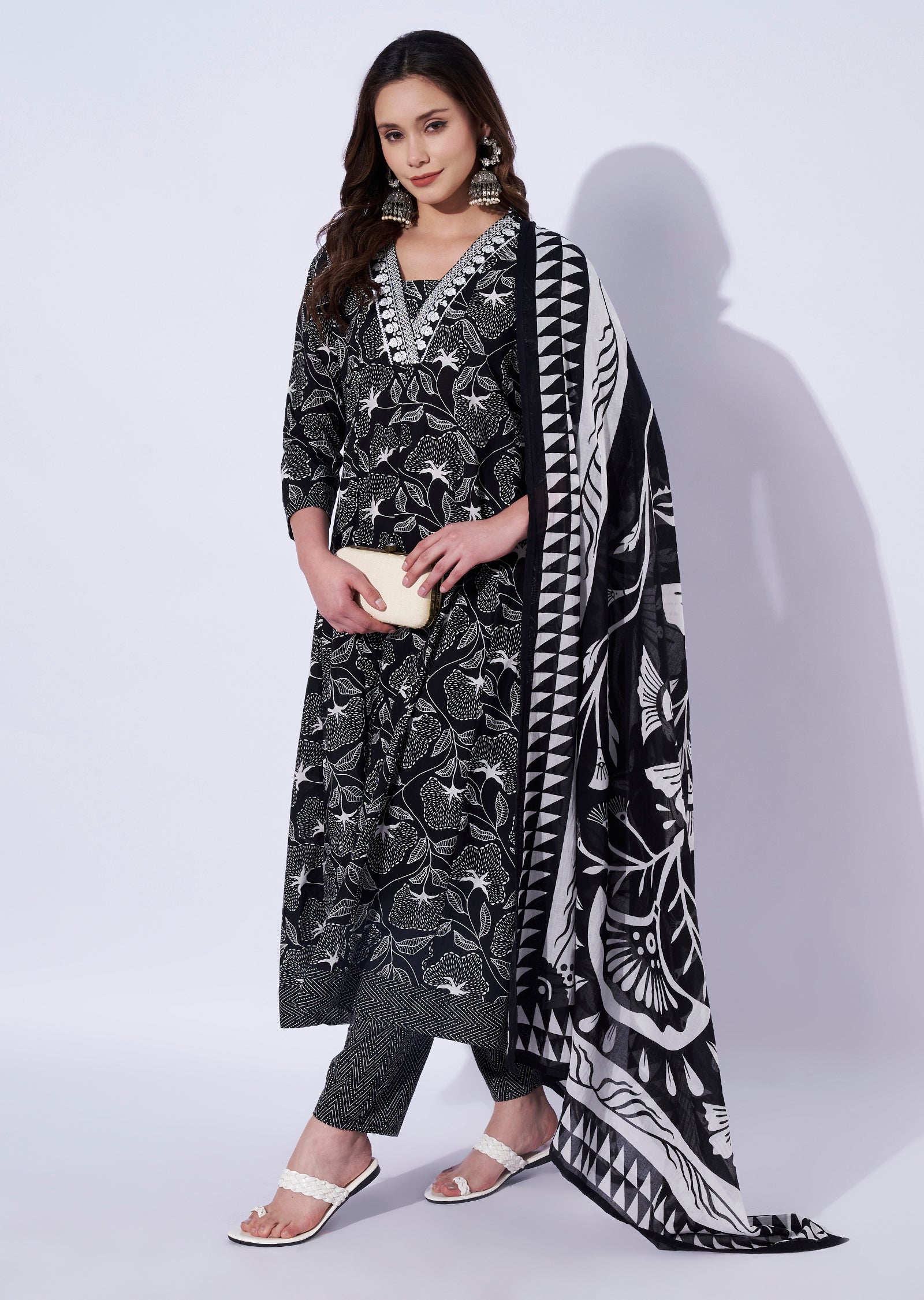 Black Cotton Anarkali Set