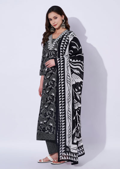 Black Cotton Anarkali Set