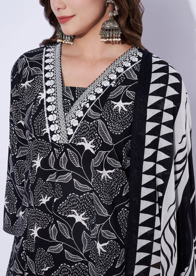 Black Cotton Anarkali Set