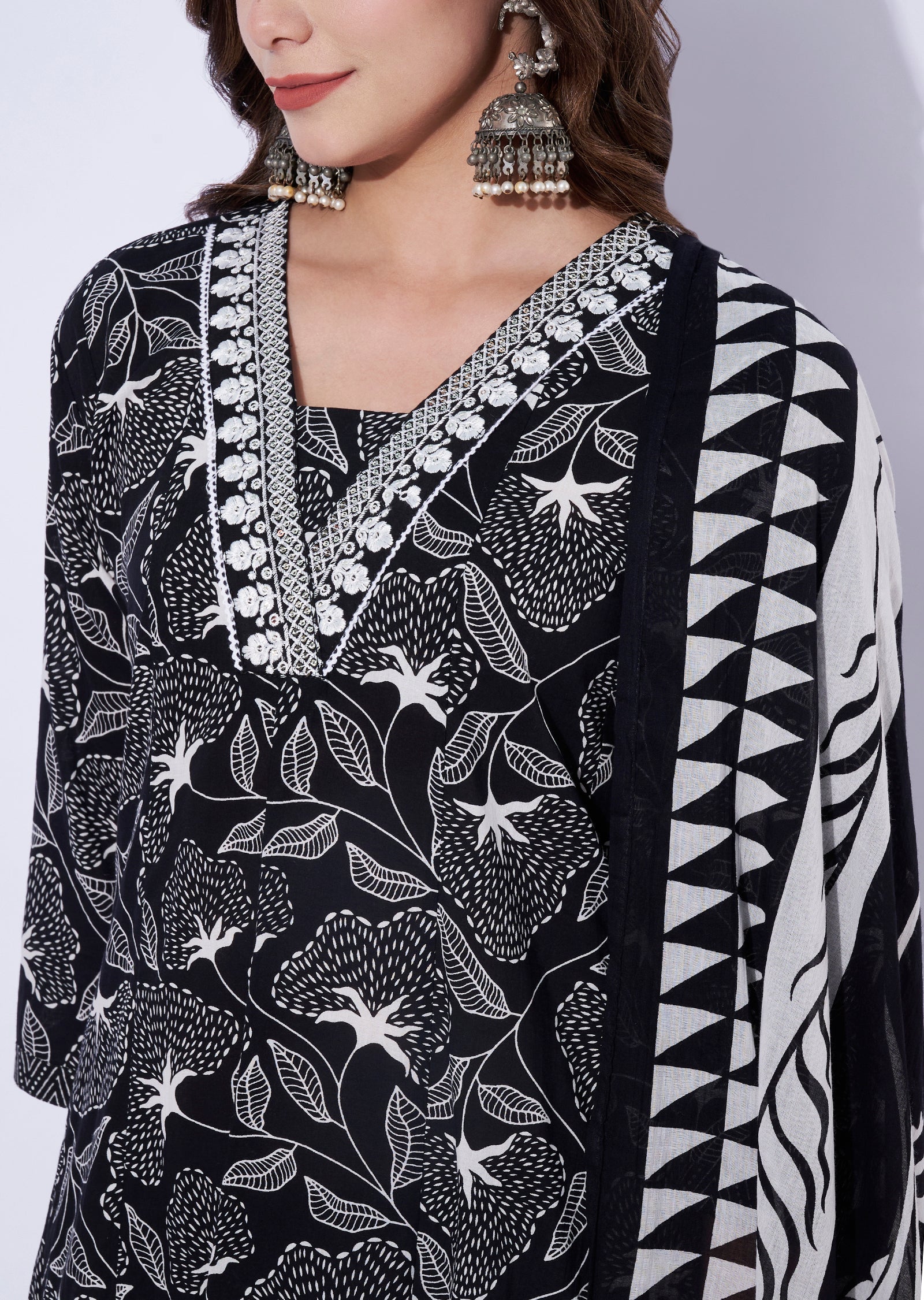 Black Cotton Anarkali Set