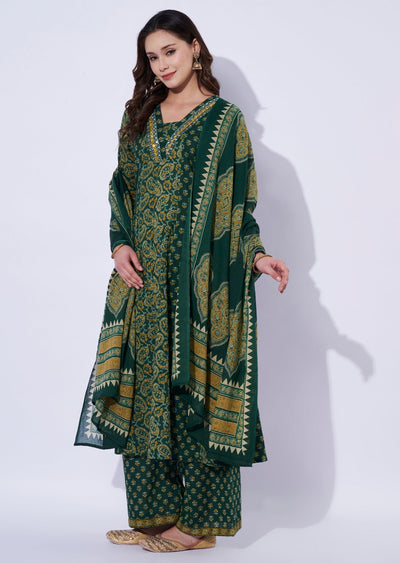 Green Cotton Anarkali Set