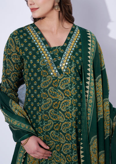 Green Cotton Anarkali Set