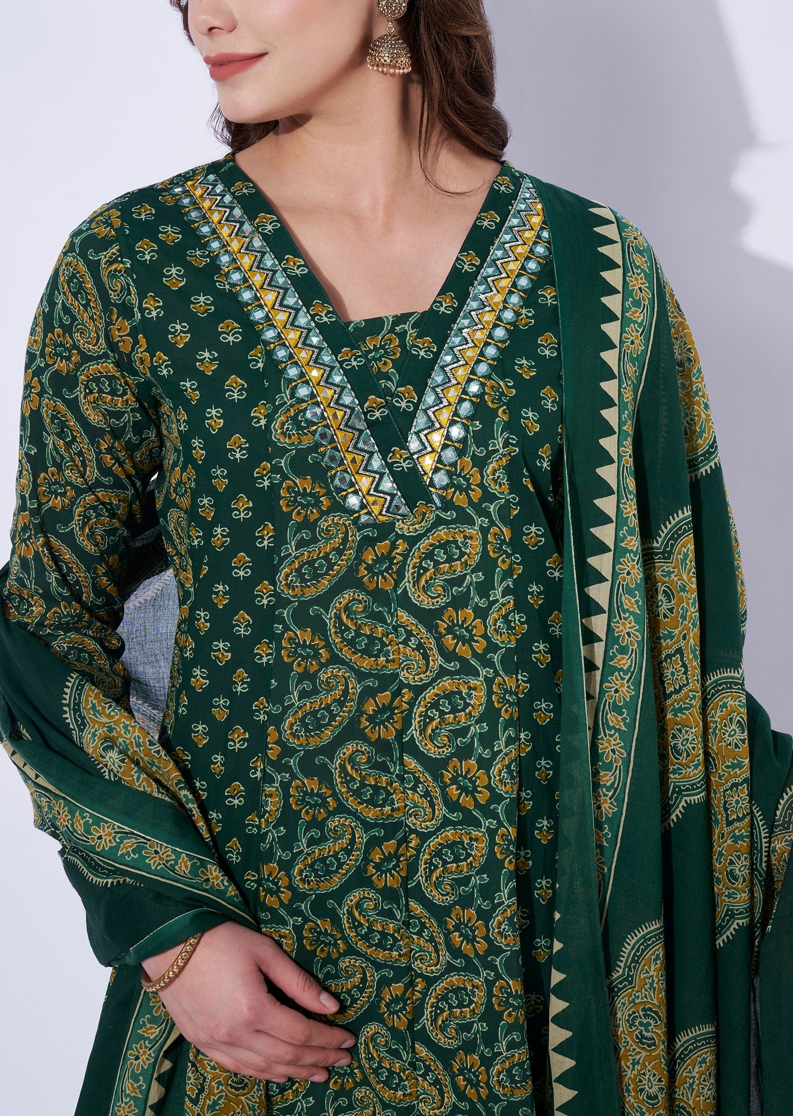 Green Cotton Anarkali Set