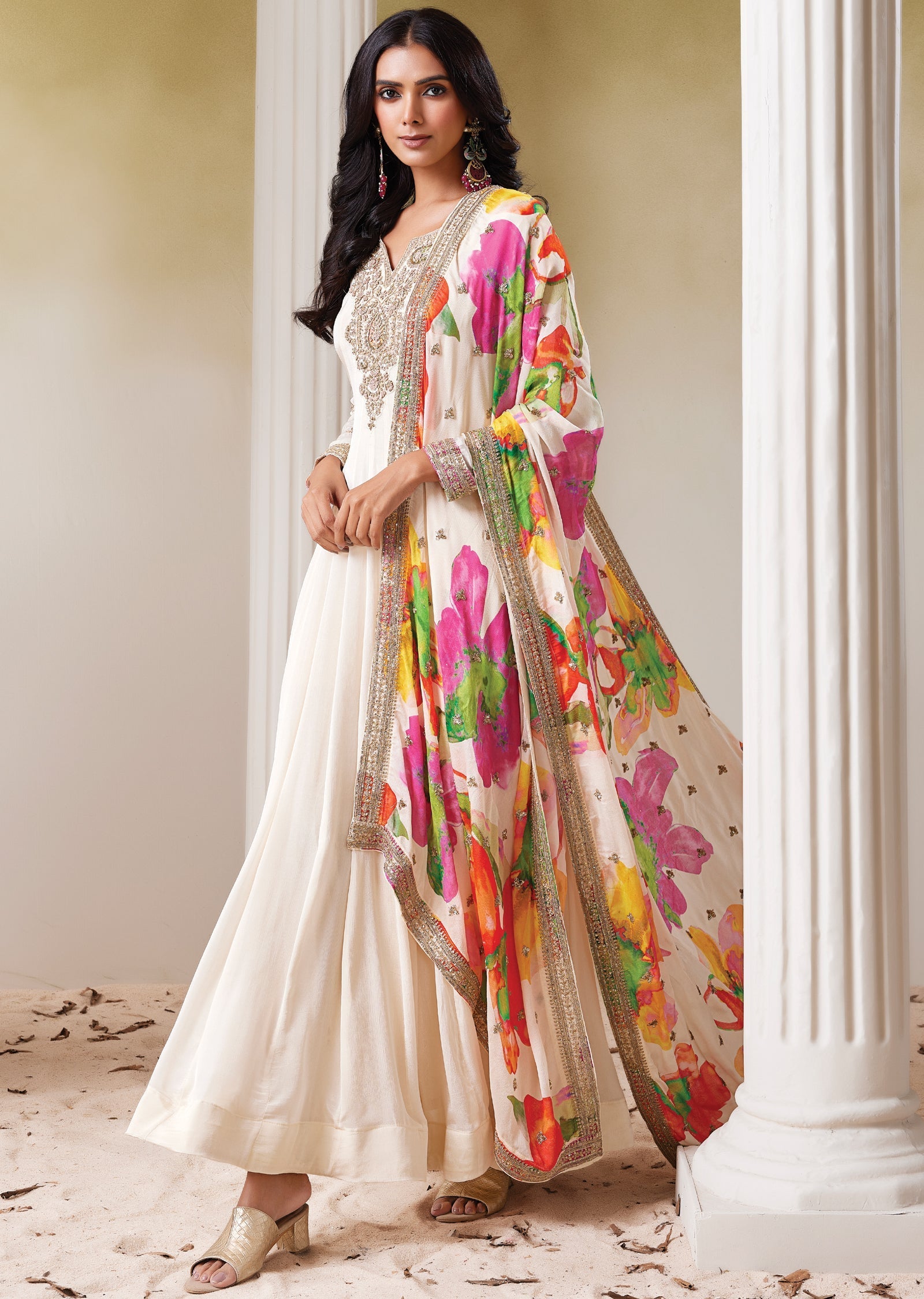 Cream Chinnon Anarkali (No Bottom)
