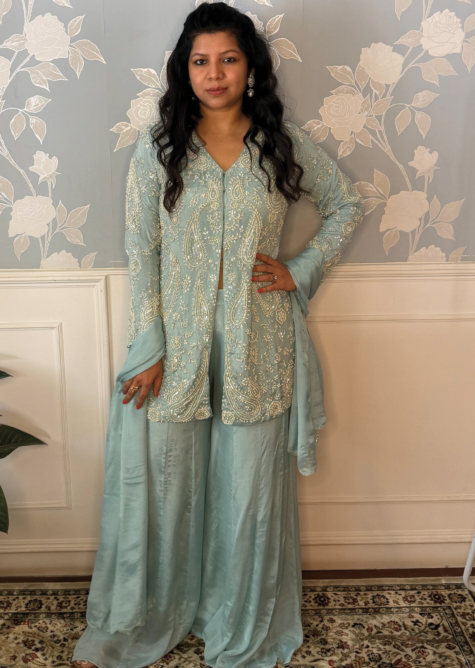 Blue Chinnon Sharara Set