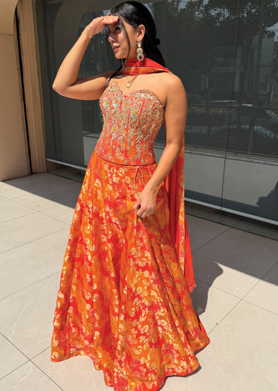 Orange Silk Corset Lehenga