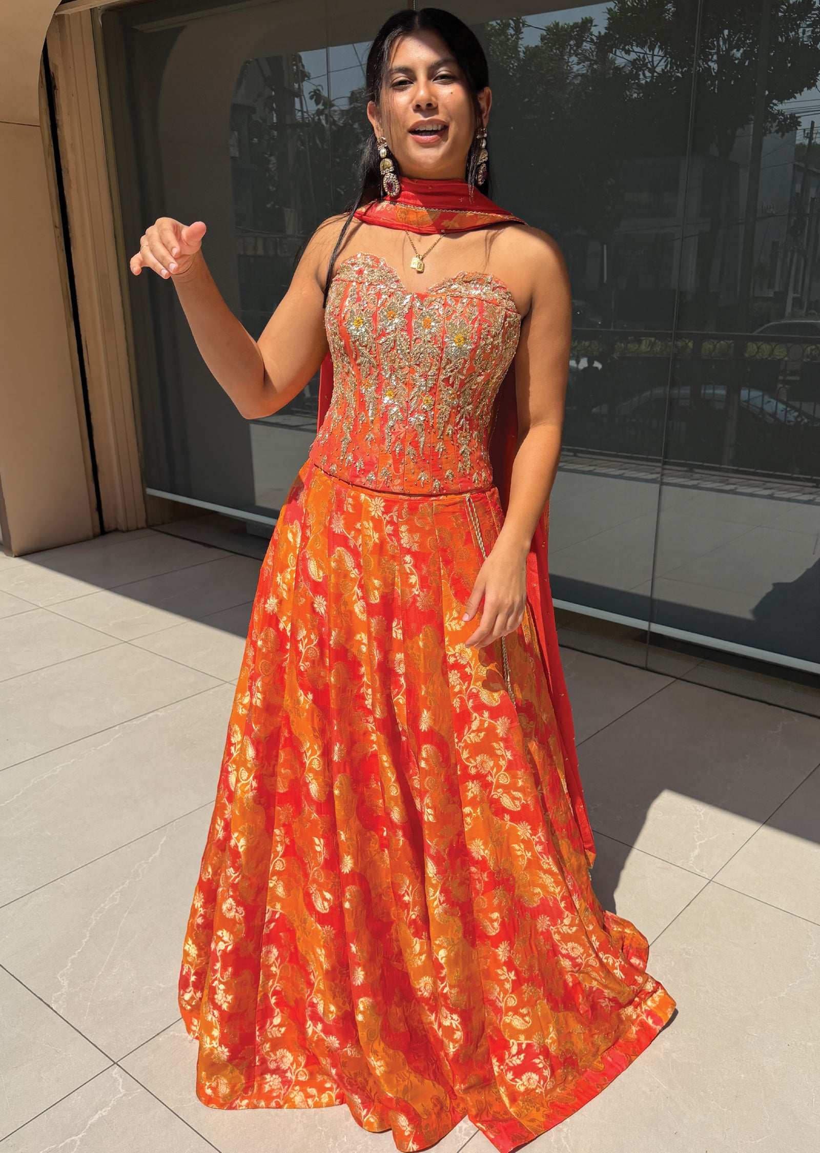 Orange Silk Corset Lehenga