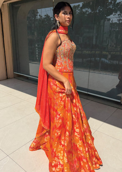 Orange Silk Corset Lehenga