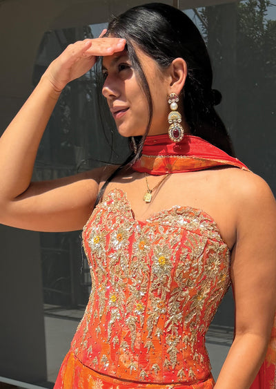 Orange Silk Corset Lehenga