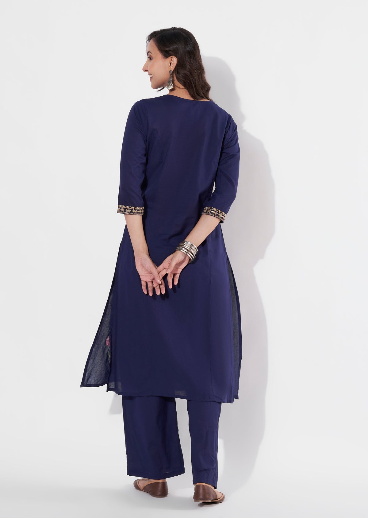 Navy Blue Cotton Straight cut Kurti set