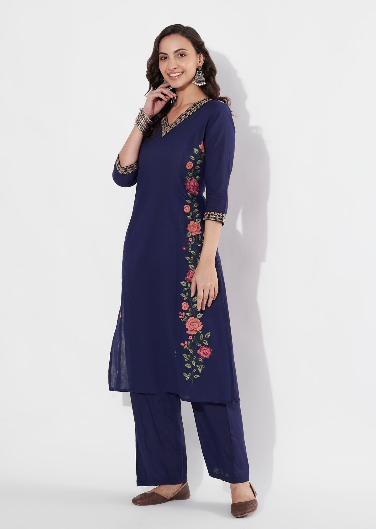 Navy Blue Cotton Straight cut Kurti set