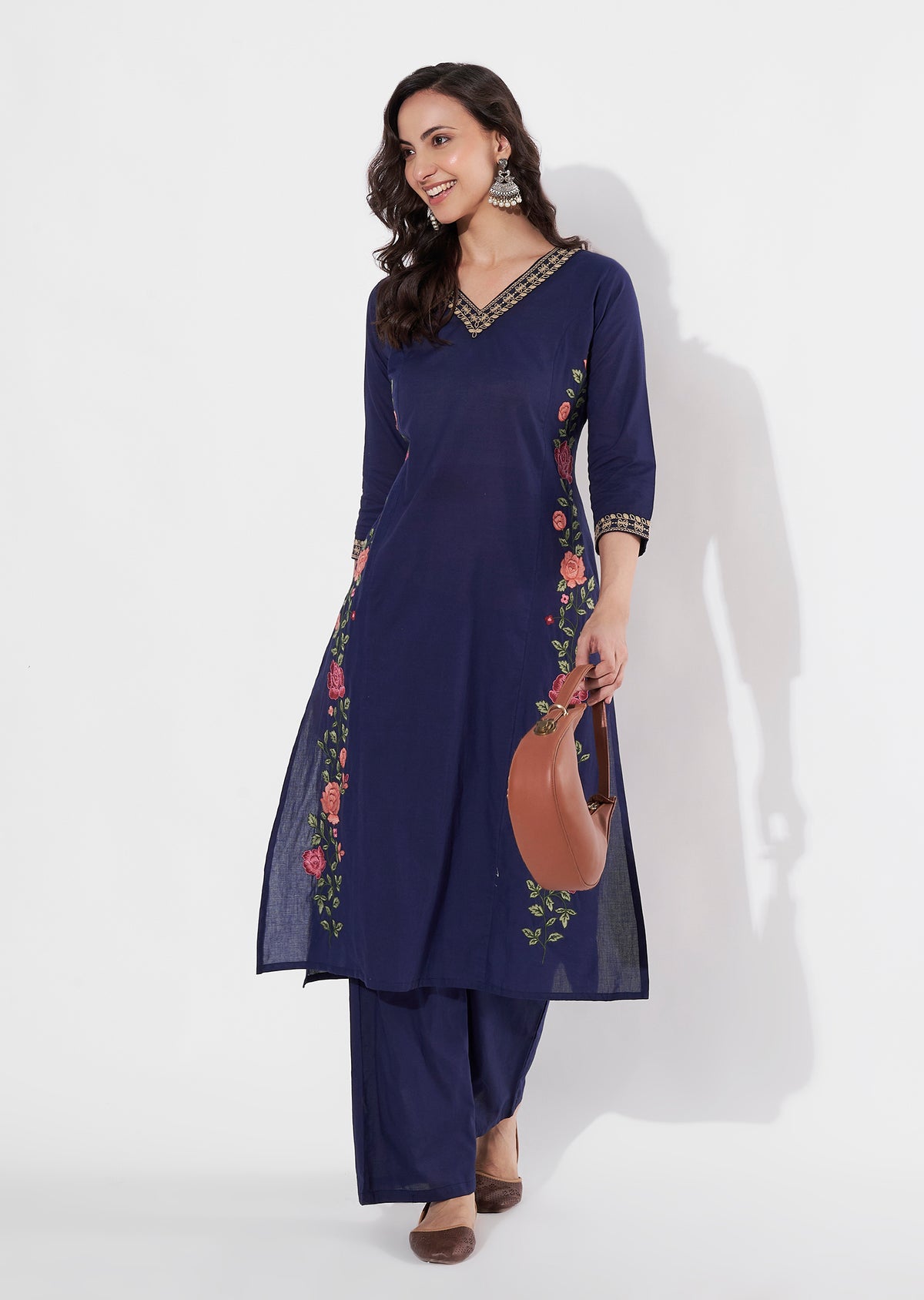 Navy Blue Cotton Straight cut Kurti set