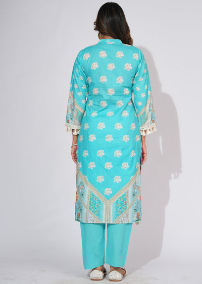 Sea Green Cotton Straight cut Kurti set