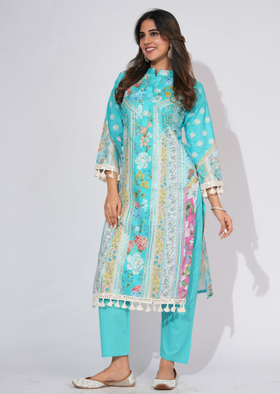 Sea Green Cotton Straight cut Kurti set