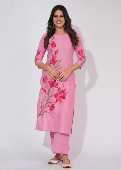 Pink Cotton Straight cut Kurti set