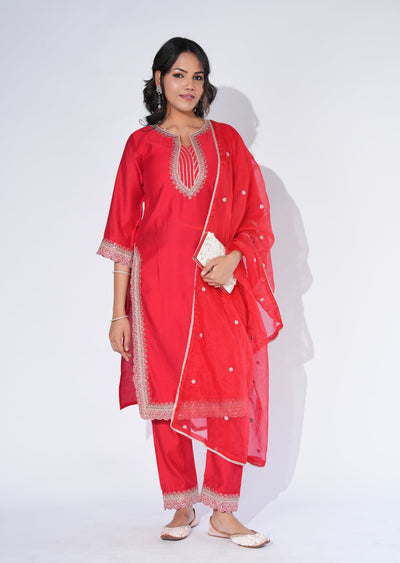 Red Dola Silk Straight cut Suit
