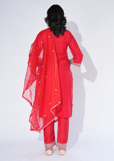 Red Dola Silk Straight cut Suit