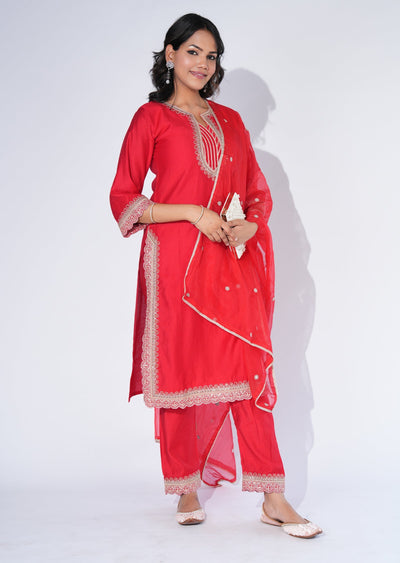 Red Dola Silk Straight cut Suit
