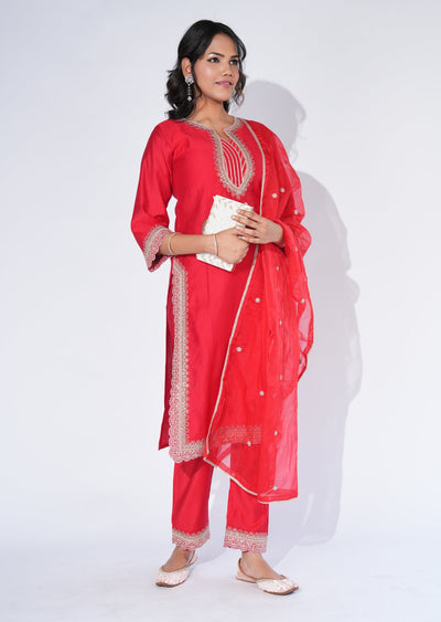 Red Dola Silk Straight cut Suit