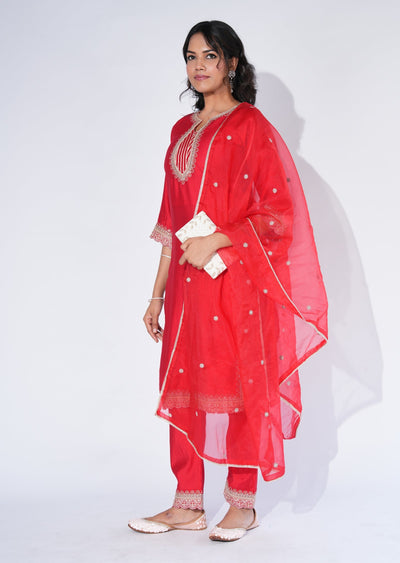 Red Dola Silk Straight cut Suit