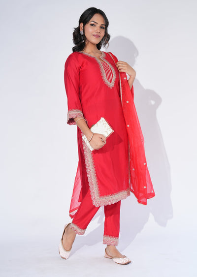 Red Dola Silk Straight cut Suit