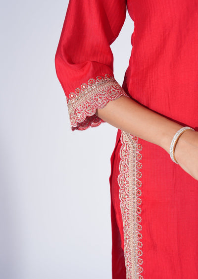 Red Dola Silk Straight cut Suit