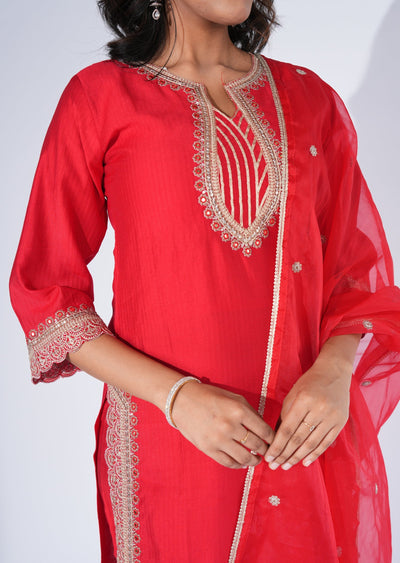 Red Dola Silk Straight cut Suit