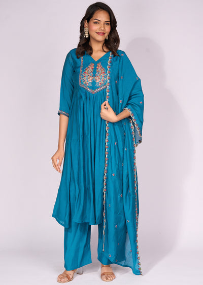 Rama Blue Silk Anarkali Suit
