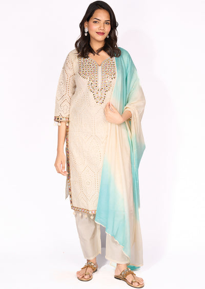 Sea Green Cotton Straight cut Suit