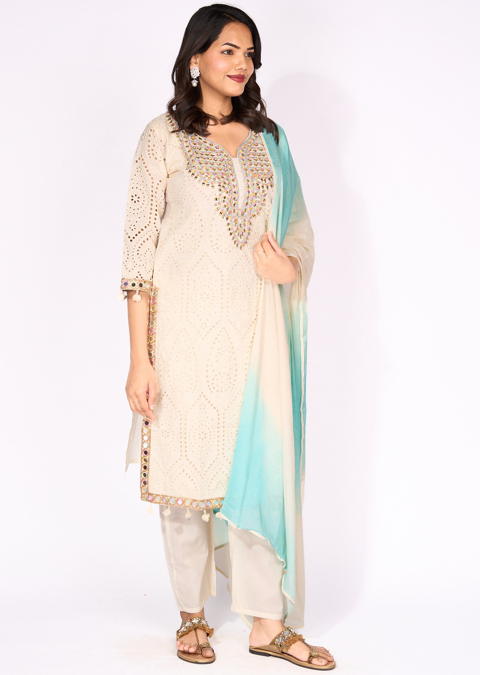 Sea Green Cotton Straight cut Suit