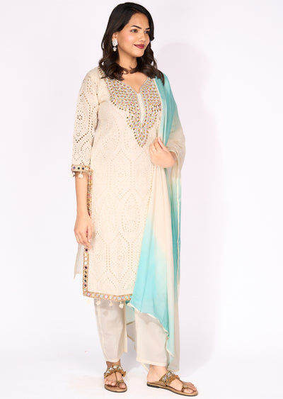 Sea Green Cotton Straight cut Suit