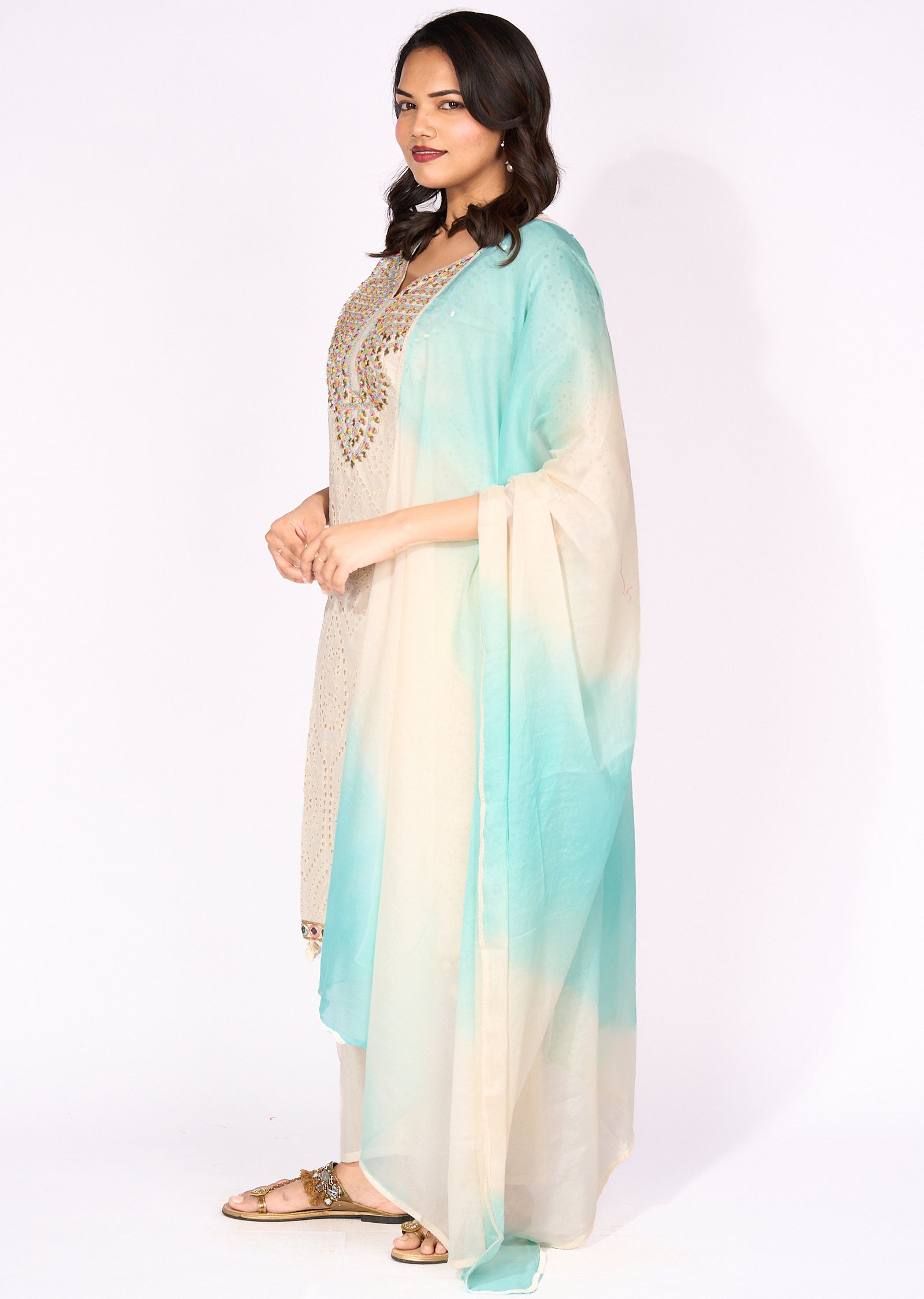 Sea Green Cotton Straight cut Suit