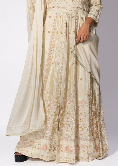 Cream Tissue Front slit Anarkali