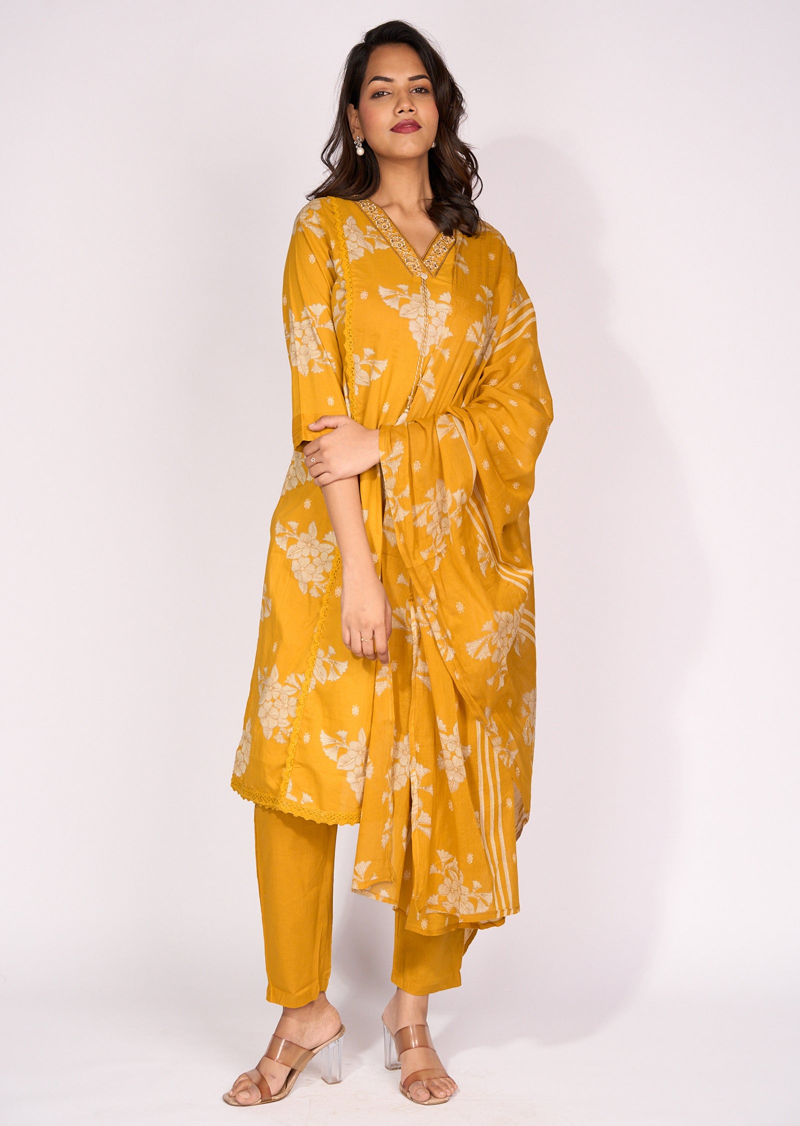 Mustard Cotton Straight cut Suit